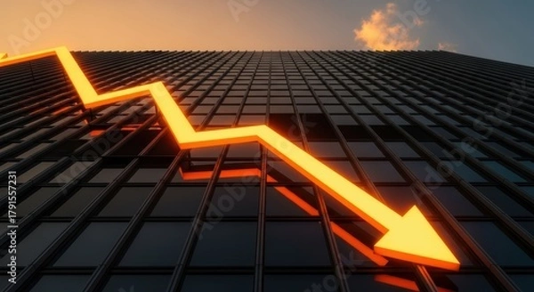 Fototapeta Golden arrow pointing down on a dark building with a sky background indicating a loss or failure