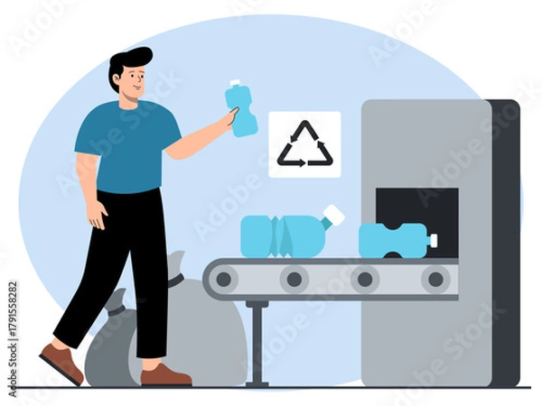 Fototapeta People put plastic waste into the recycling sorting area. Industry vector illustration. Flat illustration concept.