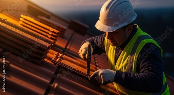 Fototapeta A roofer in a hard hat and safety vest meticulously places tiles on a rooftop during a warm sunset, highlighting the construction process.