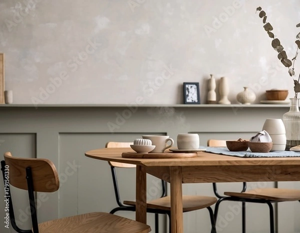 Fototapeta Invite warmth with this modern dining scene featuring stylish wood furniture, soft textures, and the inviting aroma of hot beverages perfect for cozy gatherings