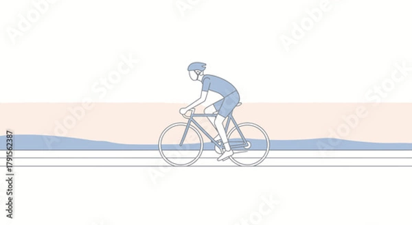 Fototapeta Flat minimalist illustration of cyclist riding on open road, side view, soft pastel color background