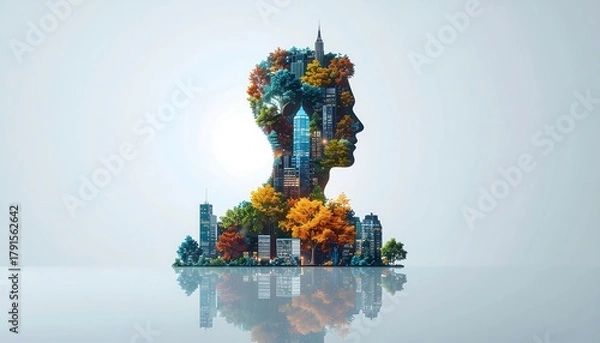 Fototapeta Vibrant cityscape silhouette with autumn trees, a stunning urban nature concept for innovative design, reflecting progress and harmony, great for branding