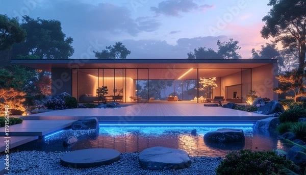 Fototapeta Experience tranquil luxury in this modern home with a serene garden and glowing pool, perfect for peaceful evenings and sophisticated living