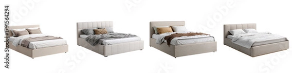 Fototapeta Discover stylish comfort: Four neutral-toned beds showcasing modern design for bedroom interiors, perfect for home decor inspiration and creating cozy, inviting spaces
