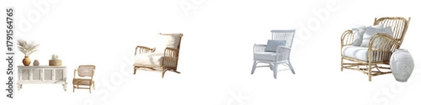 Fototapeta Coastal Living Room Furniture Collection: Rattan Armchairs, Wicker Sofa, and Whitewashed Console Table for a Relaxing Beach House Aesthetic with a Touch of Bohemian Style