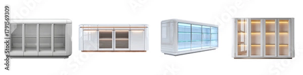 Fototapeta Modern contemporary display cabinets with sleek white finishes and integrated lighting perfect for elegant home or retail showcase solutions