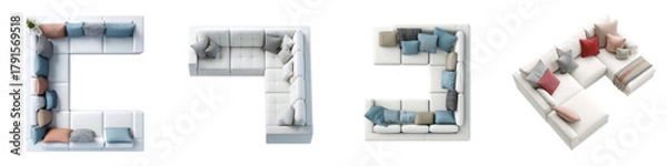 Fototapeta Modern white sectional sofa arrangements perfect for interior design mockups and catalogs, showcasing comfort and style in living room spaces, ideal for home decor concepts