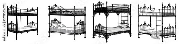Fototapeta Vintage ornate metal bunk beds with cozy bedding, perfect for creating nostalgic children's rooms or unique interior design concepts