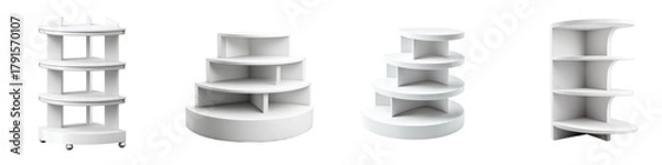 Fototapeta Modern display stands and shelving units in various sleek circular and corner designs perfect for retail product showcasing and organized storage solutions