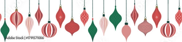 Obraz Vintage style Christmas ornaments pattern in red green and pink, festive hanging baubles seamless background for holiday decoration design