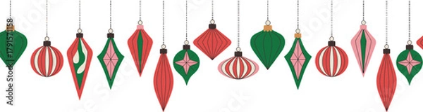 Obraz Vintage style Christmas ornaments pattern in red green and pink, festive hanging baubles seamless background for holiday decoration design