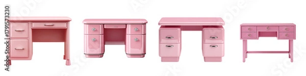 Fototapeta Charming collection of four vintage-inspired pink desks, perfect for creating a stylish and functional workspace or vanity area with retro flair.