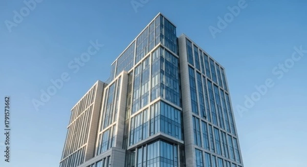 Obraz Modern architectural design showcasing a glass and concrete skyscraper against a clear blue sky