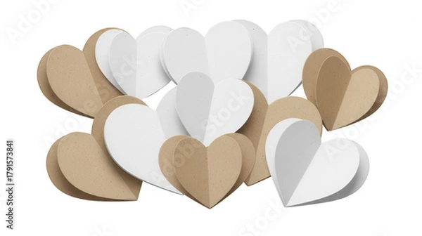 Obraz Elegant floating hearts in white and kraft paper for Valentine's Day or wedding decor, perfect for expressing love and affection in a modern minimalist style