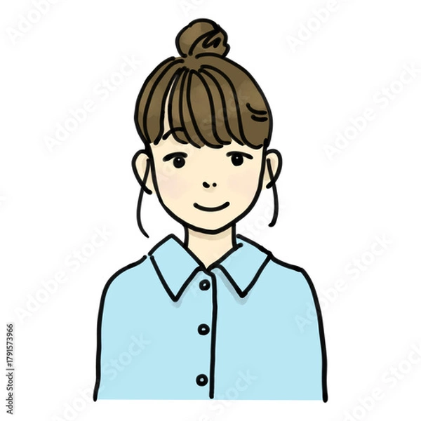Obraz お団子頭のおしゃれで優しい雰囲気の女性手描きイラスト