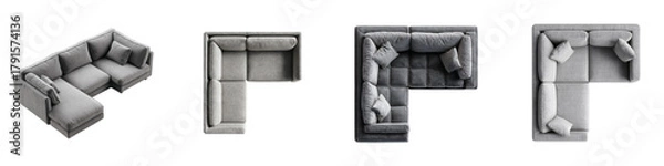Fototapeta Elegant modern sectional sofas displayed from multiple angles, showcasing versatile configurations for sophisticated living spaces and interior design inspiration.