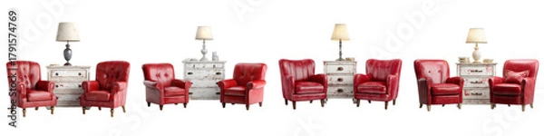 Fototapeta Elegant red leather wingback armchairs flank a vintage distressed white dresser adorned with a classic table lamp creating a cozy, luxurious seating vignette perfect for sophisticated interiors