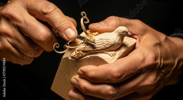 Obraz The skilled hands meticulously carving a delicate bird sculpture from a piece of wood artwork