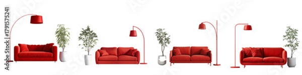 Fototapeta Vibrant red sofas paired with modern red arc floor lamps and lush potted plants create a stylish and inviting living room aesthetic ideal for design inspiration