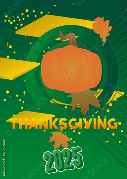 Obraz Thanksgiving 2025 text with Autumn leaf and Pumpkin. Poster for celebrating Gratitude and harvesting.