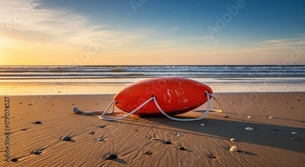 Obraz A vivid lifeguard buoy rests on a sandy beach against a serene sunset backdrop creating tranquility