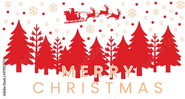 Fototapeta Santa claus and reindeer flying over snowy trees, merry christmas greeting Vector