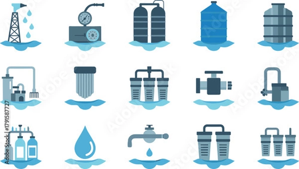 Obraz Set of fifteen flat icons representing water treatment process, purification systems, filtration tanks, valves, and clean water industry symbols
