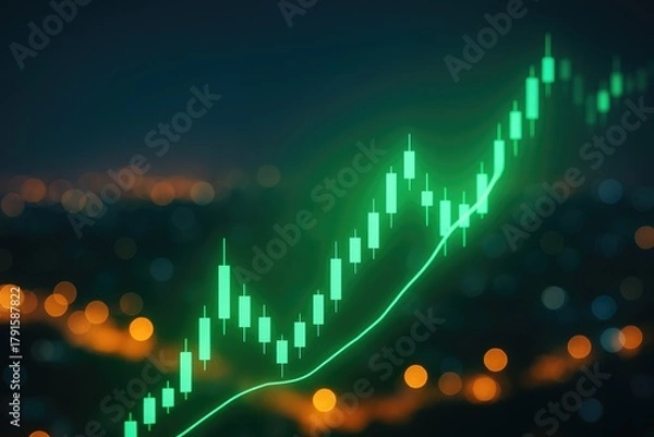 Obraz Green stock market candlestick chart showing upward trend and bokeh city lights in background, investment