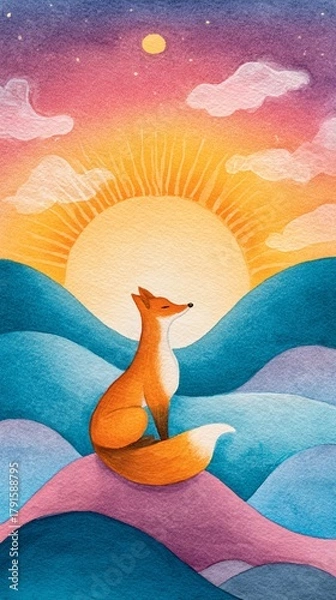 Obraz A serene fox sits atop colorful hills, gazing at a vibrant sunrise, embodying nature's peace and beauty.