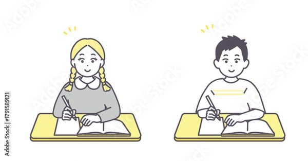 Obraz 男の子と女の子が机で勉強しているイメージイラスト