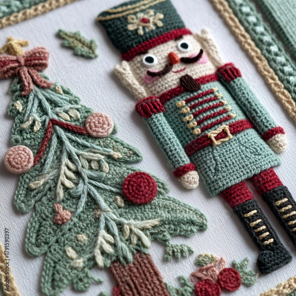 Obraz Crocheted Nutcracker and Christmas Tree Embroidery Art