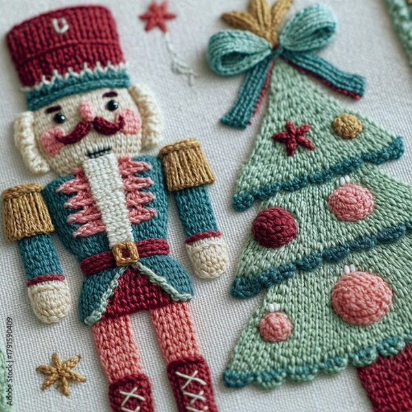 Obraz Crocheted Nutcracker and Christmas Tree Embroidery Art