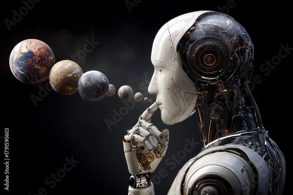 Obraz Futuristic Robot Thinking with Floating Planets Concept Art