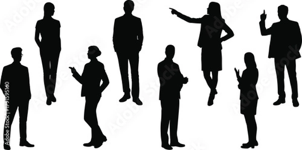 Fototapeta Set of black silhouettes of business people standing, talking, and gesturing, isolated on white background, professional teamwork concept