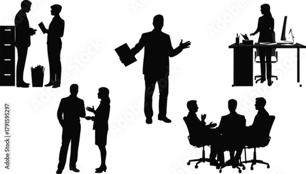 Fototapeta Set of black silhouettes of business people working, meeting, presenting, and communicating in office environment, vector illustration