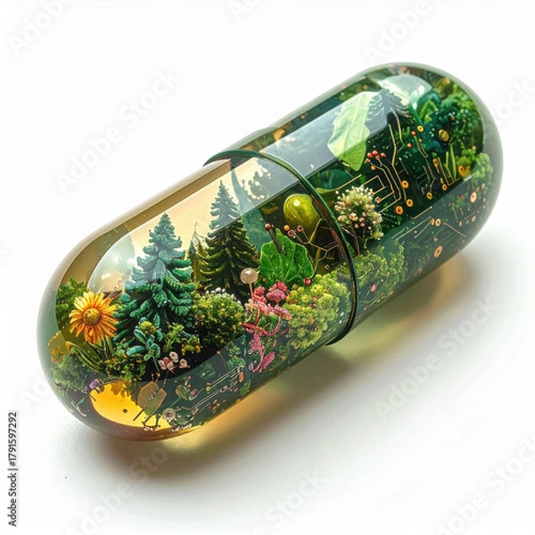 Fototapeta Hopeful drug discovery concept powered by ai technology. transparent capsule holds miniature forest symbolizing breakthrough in natural medicine and biotechnology
