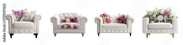 Fototapeta Elegant collection of white armchairs, each adorned with unique floral arrangements, perfect for home decor inspiration, interior design projects, and spring promotions