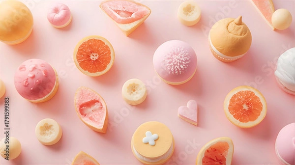 Fototapeta Pastel colored sweets and fruit on a pink background wallpaper 4k, generative ai