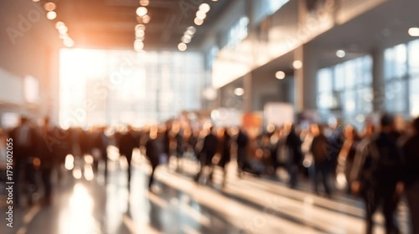 Fototapeta Convention Center Blur: A blurred background of a convention center or large event space, with people gathered for a business event. High quality