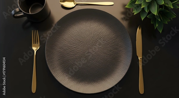 Fototapeta Top view photography of an elegant and luxurious dark gray textured plate surrounded by golden knife and fork black cup and a decorative plant. Shiny tableware expensive premium restaurant  66694656 1