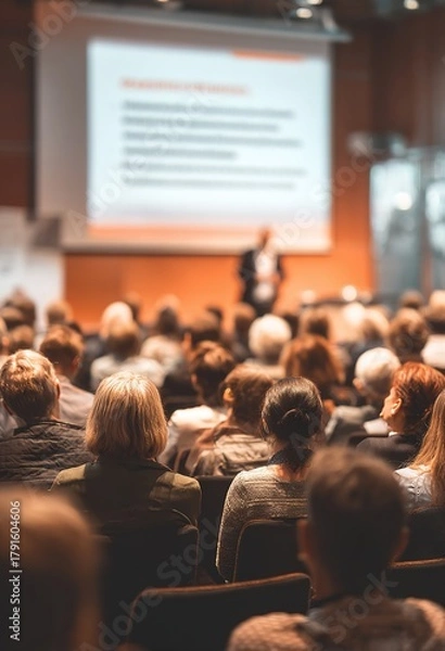Fototapeta "Speaker on Stage at Conference Meeting Event. Presenter at Business Seminar Photo. Audience Watching a Manager Presentation. Blurred Image of Lecturer Presenting To Audience During Speech. "