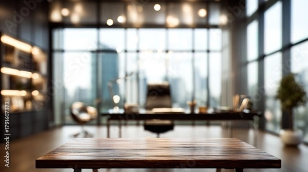 Fototapeta Blurred executive office desk in professional setting ideal virtual background for online meetings, educational sessions, and business video conferences. High quality
