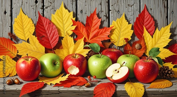 Fototapeta Vibrant Autumn Leaves and Apples Rustic Nature Background Artwork 26345095 1