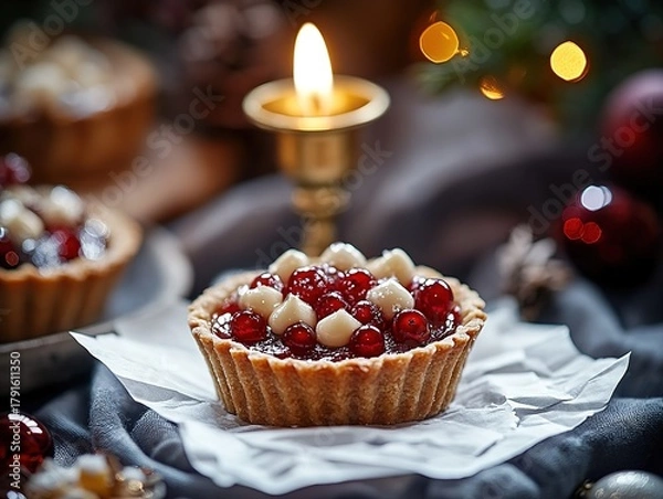 Fototapeta Christmas mini tarts with red and white berries close-up, golden candlestick on dark grey tablecloth background, natural light cinematic style for holiday food design.