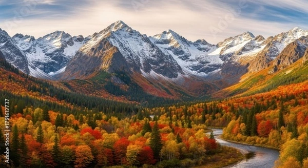 Obraz Majestic snow-capped mountains embrace the autumn forest with vibrant hues and serene river flow