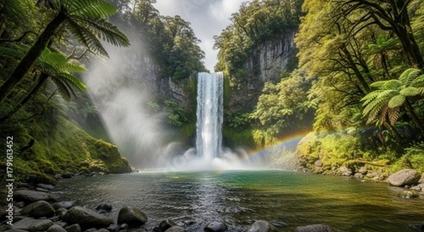 Obraz Majestic waterfall cascade in lush forest environment with vibrant rainbow spectrum spanning the