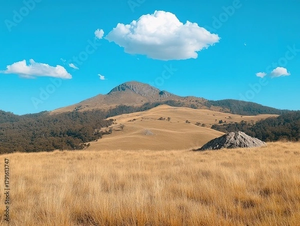 Fototapeta Panoramic view of Mount Kosciuszko in New South Wales' Great Dividing Range, golden grass hills swaying under warm sunlight with ancient rocky outcrop foreground, serene and dramatic natural landscape