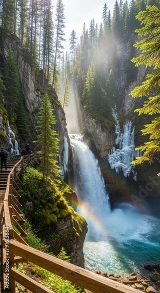 Obraz Majestic waterfall cascading amidst verdant cliffs with sunbeams painting a breathtaking vista
