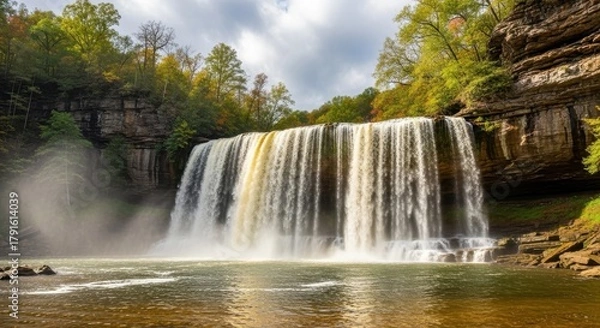 Obraz Majestic waterfall cascading into a serene pool surrounded by lush greenery and rugged rock
