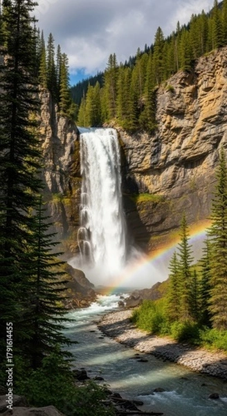 Obraz  Majestic waterfall cascading through rocky cliffs surrounded by lush evergreen forests
